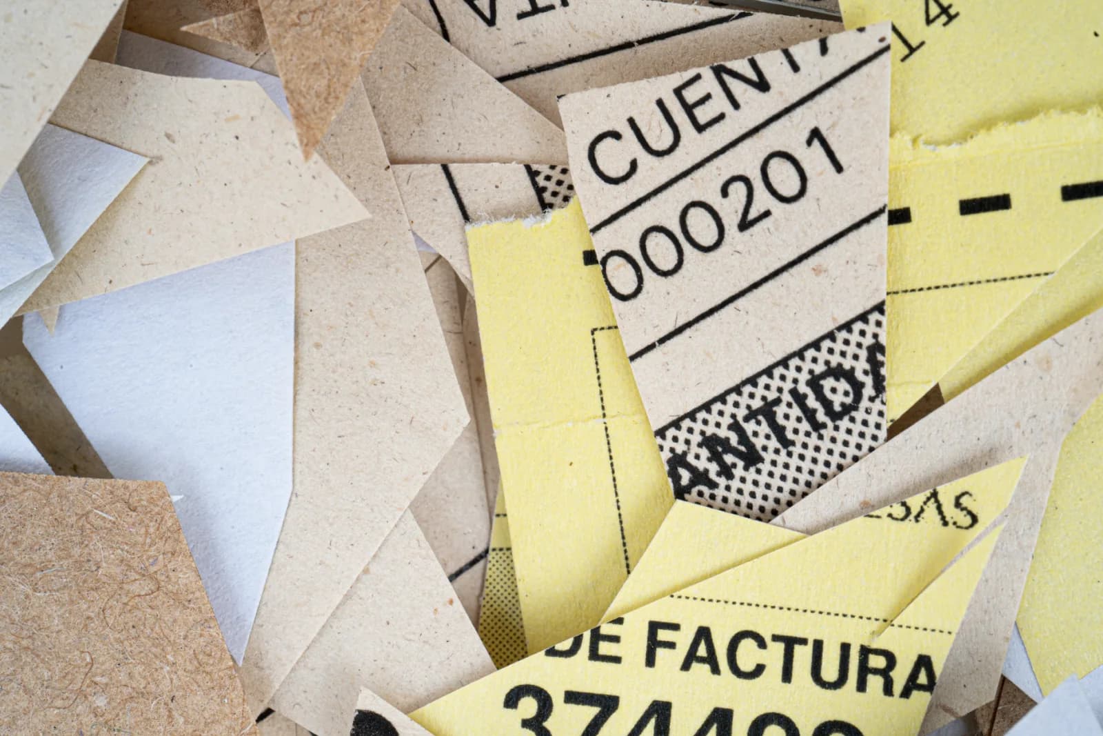A pile of mixed torn paper pieces with visible text and numbers in close-up view.