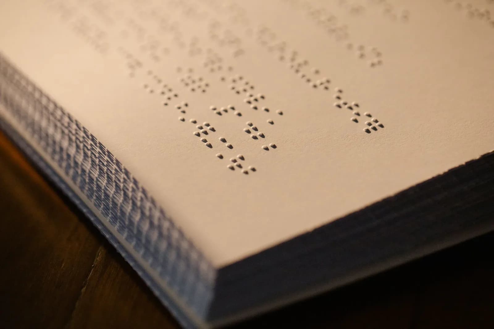 Detailed close-up of embossed Braille text on paper with a shallow depth of field.