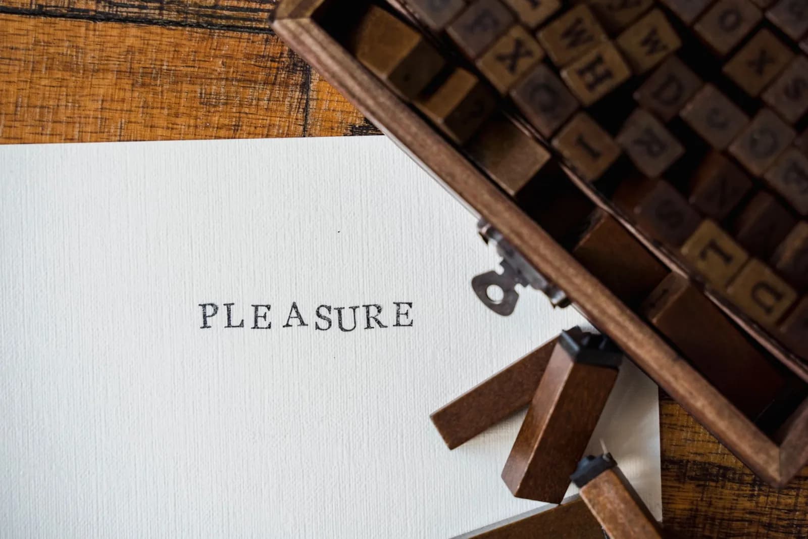 Close-up of vintage wooden letterpress blocks spelling 'pleasure' on paper.