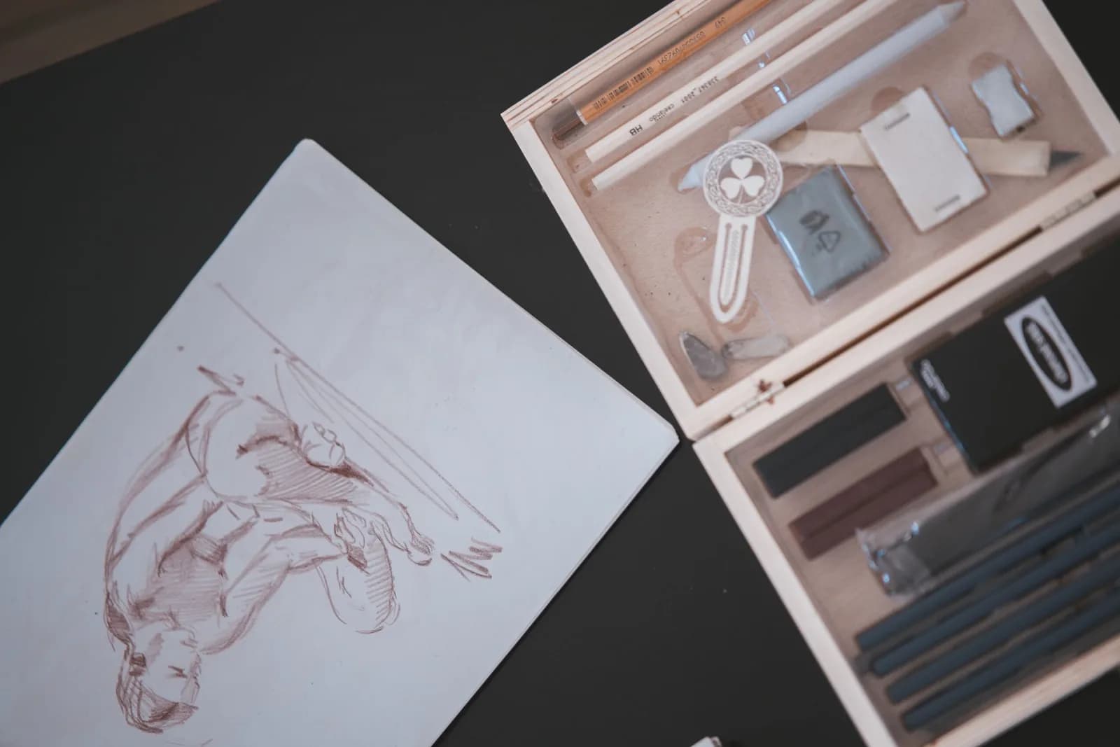 Overhead view of art supplies and sketch featuring human figure, perfect for creative projects.