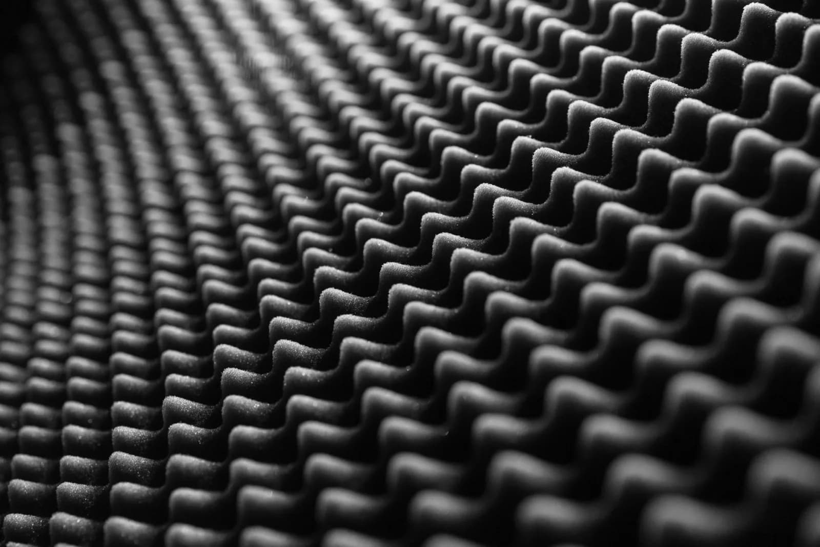 Close-up view of textured soundproof foam in black and white, showcasing its detailed pattern.