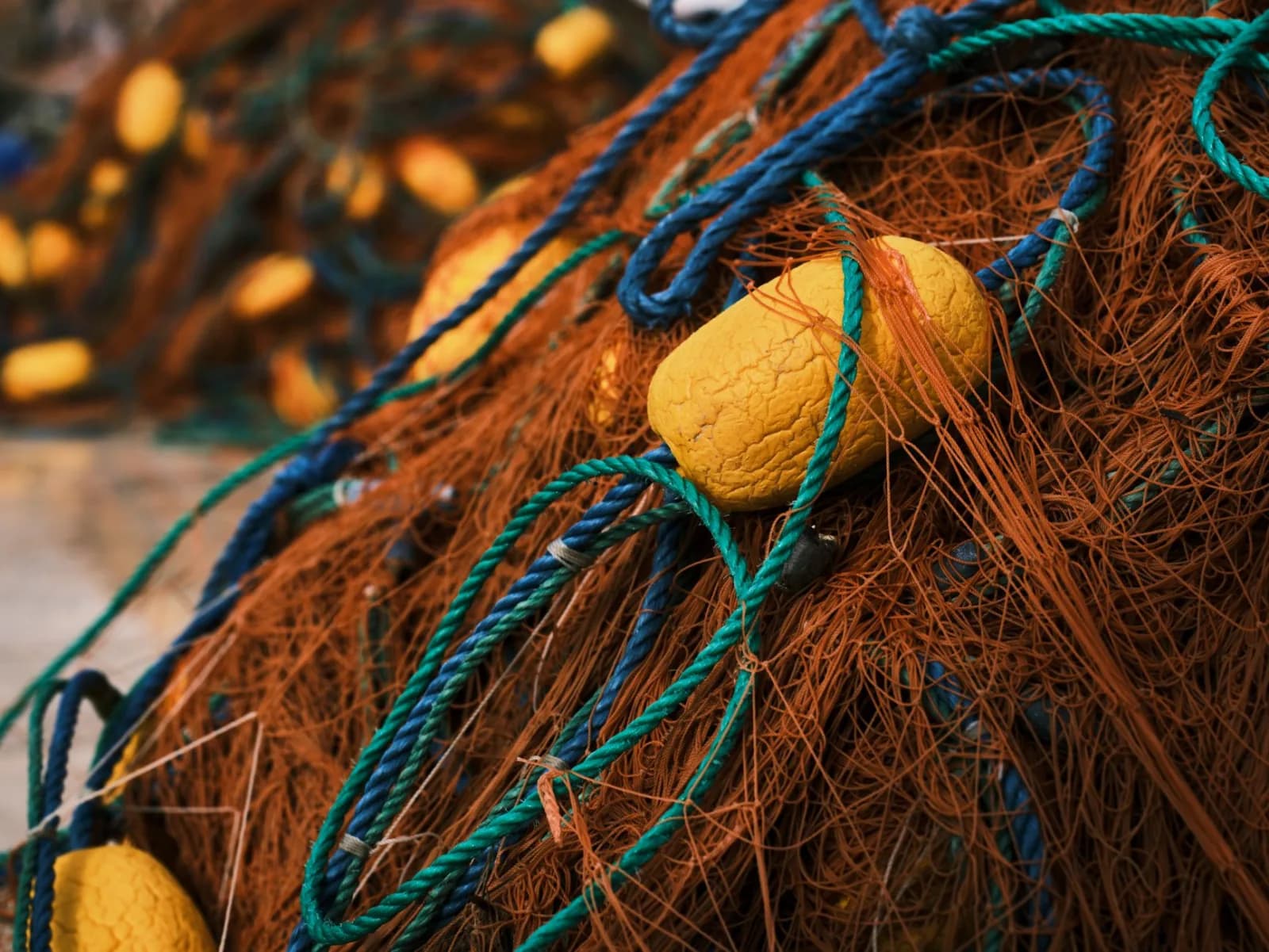 Detailed view of intertwined colorful fishing nets and floats, showcasing marine textures.