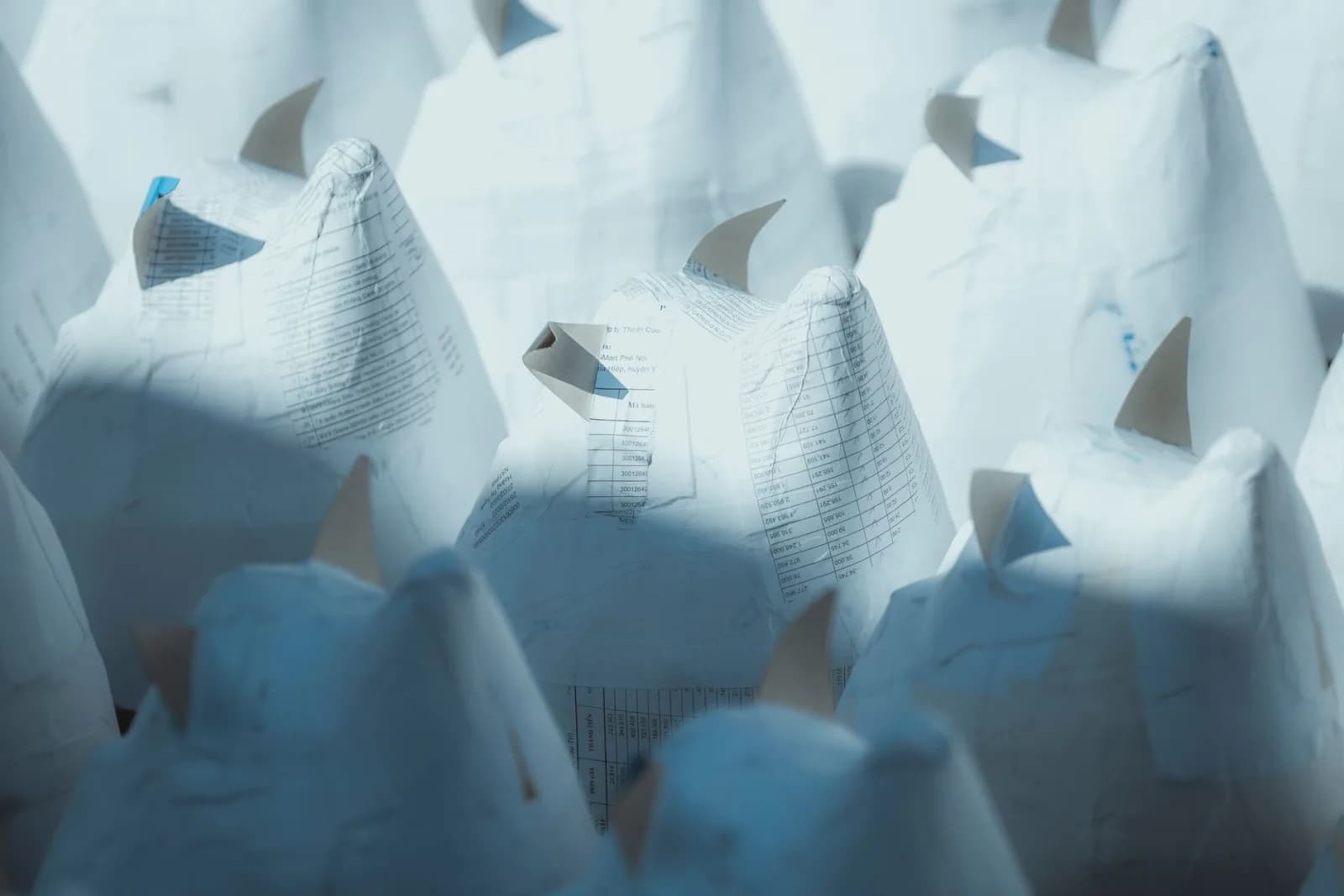 Abstract arrangement of recycled paper forming dynamic shapes, invoking artistic interpretation.