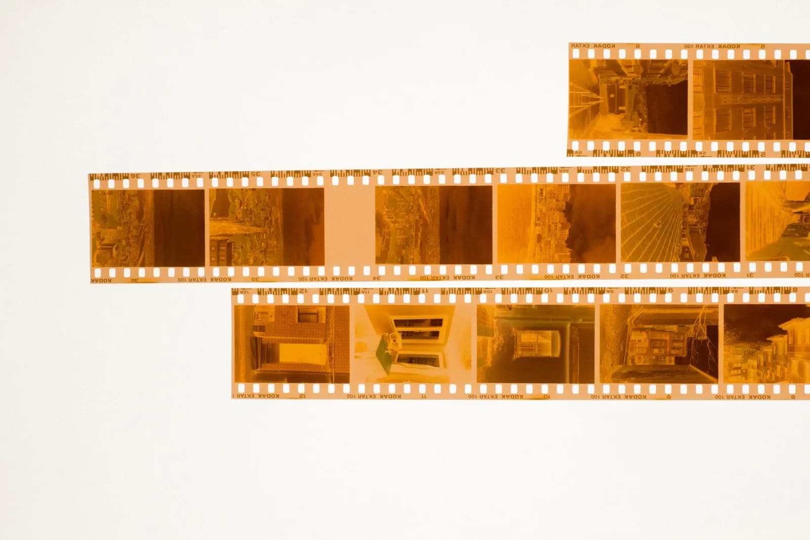 A set of film negatives laid out on a light table, highlighting analog photography.