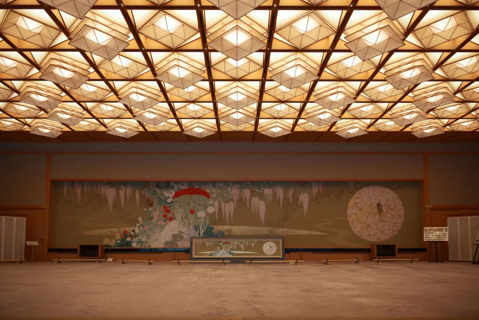 Spacious Japanese room featuring artistic decor and unique geometric ceiling lights.