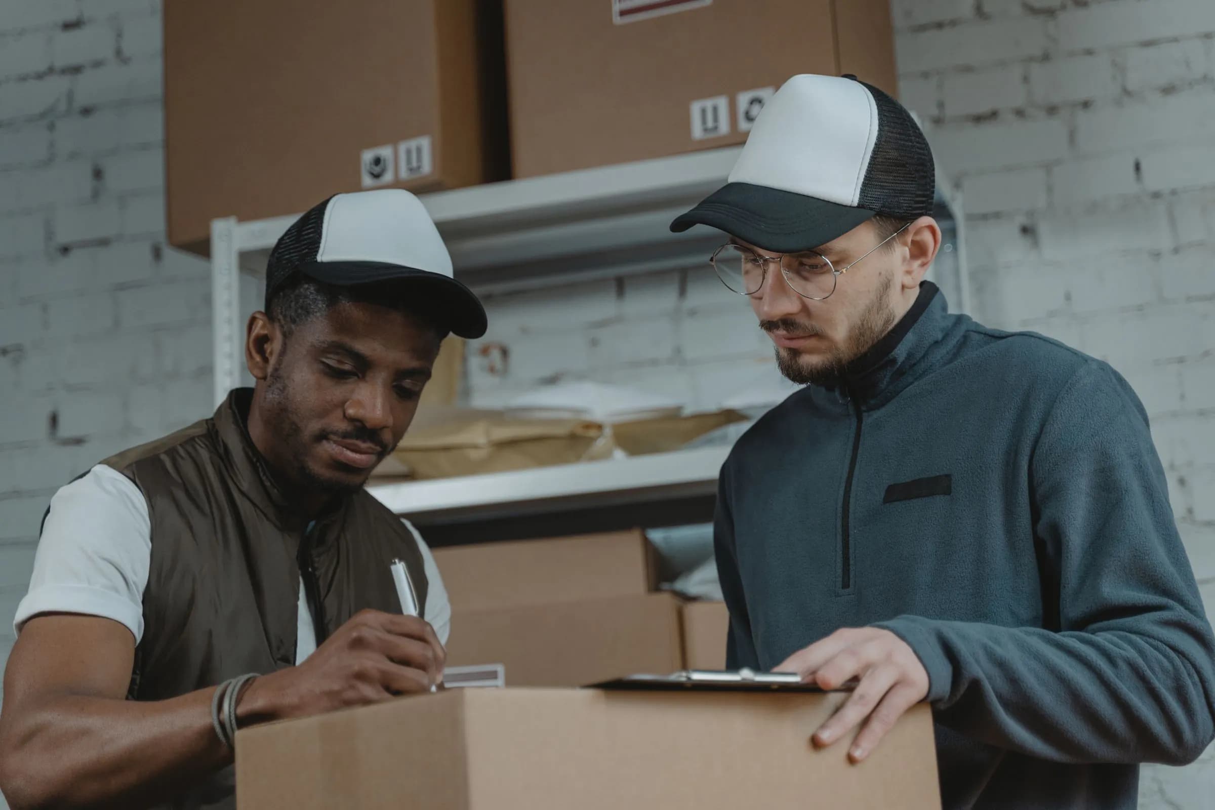 Two warehouse workers checking an order against a parcel