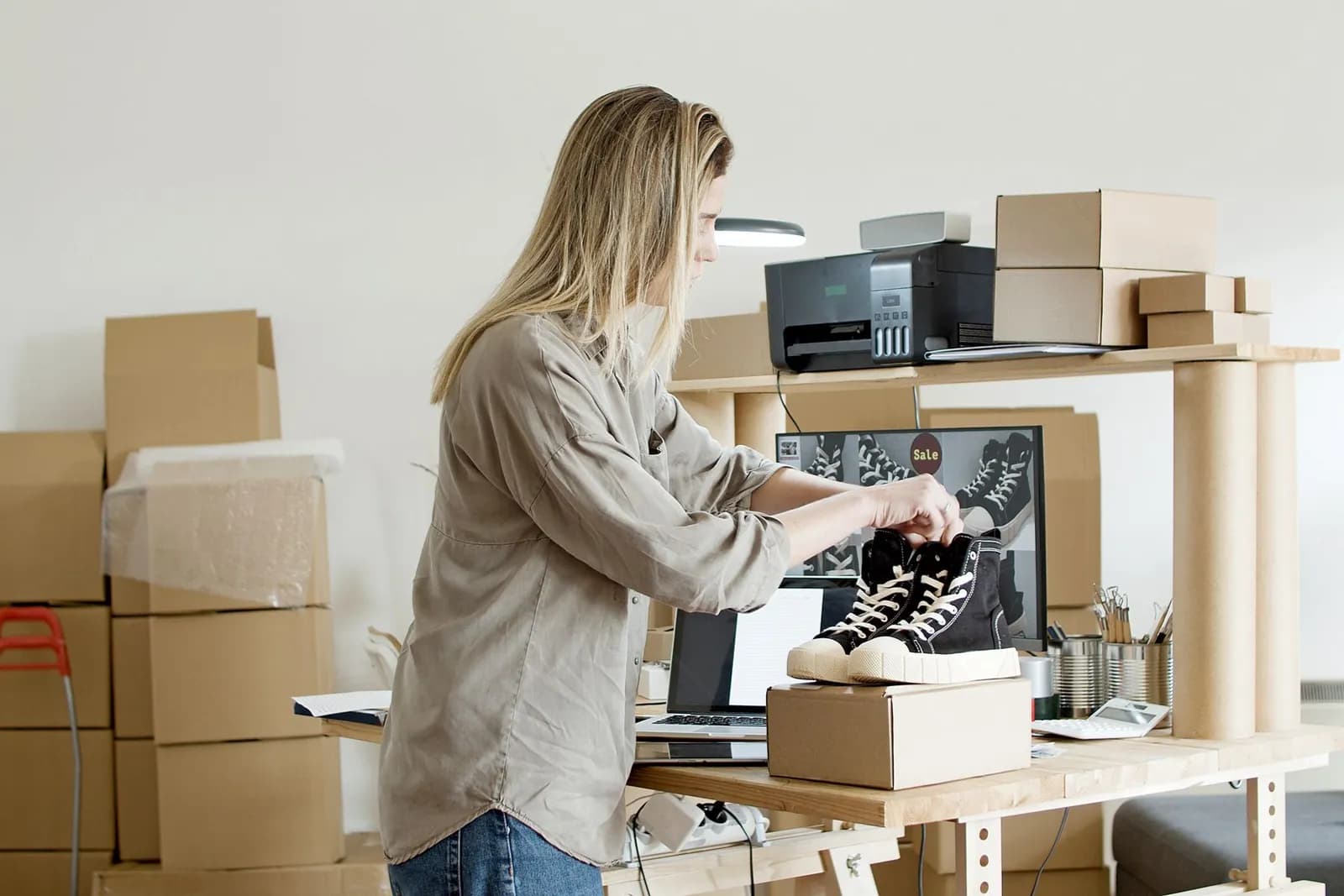 Une femme emballant une commande en ligne dans un carton à son poste de travail