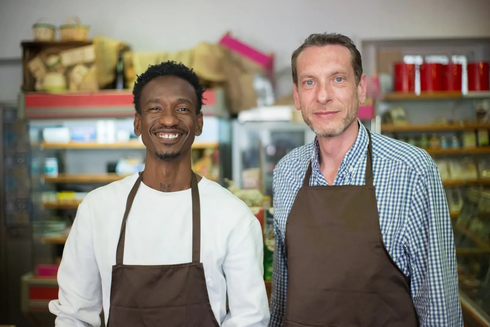 Two shop owners in aprons, standing in their store.