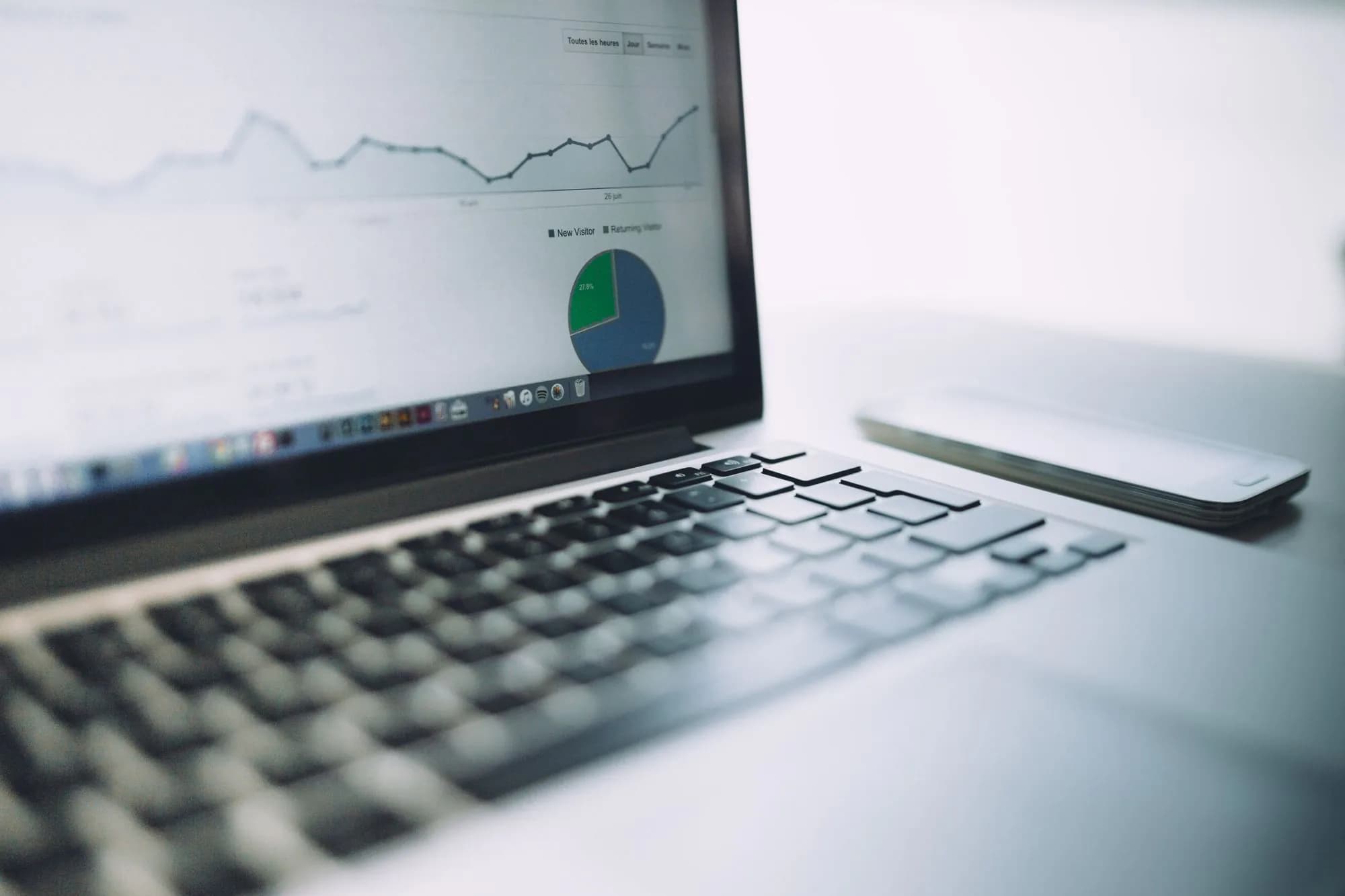 A laptop showing an analytics dashboard with charts