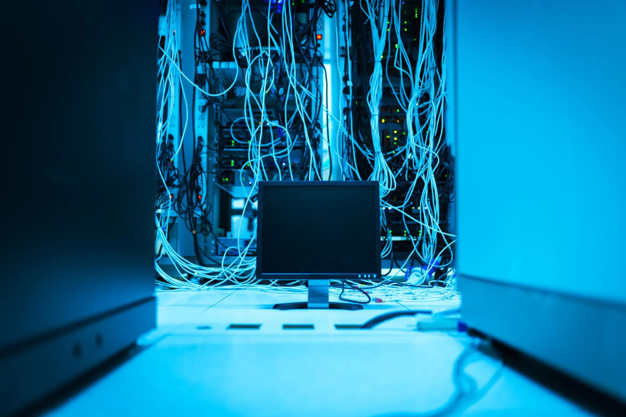 Cabling behind a server rack in a data centre lit in blue.