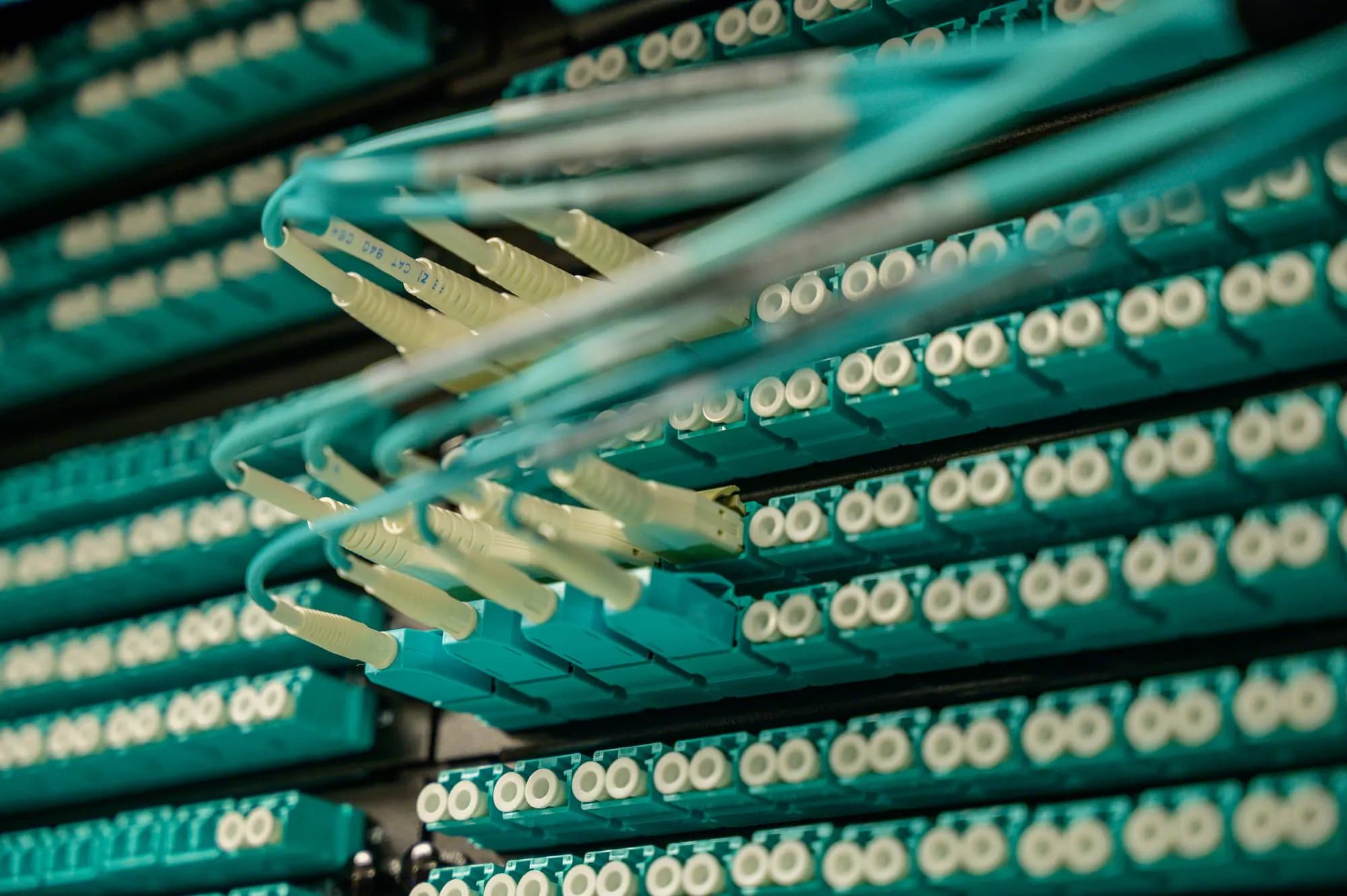 Fibre optic cables connected to a server rack.